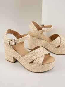 Braided Raffia Criss Cross Strap Platform Heeled Sandals SKU: sx2208197868598568(100+ Reviews)$26... | SHEIN