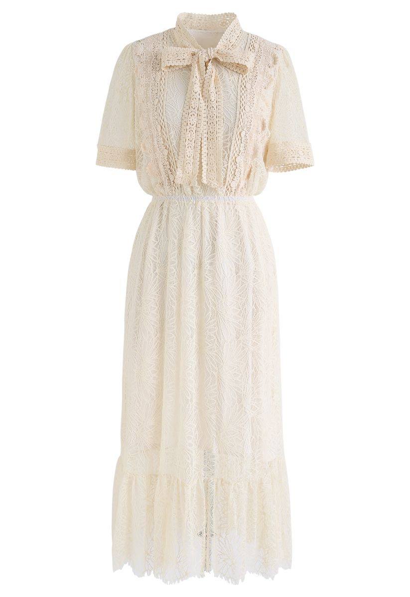Bowknot Crochet Trim Lace Dress in Cream | Chicwish