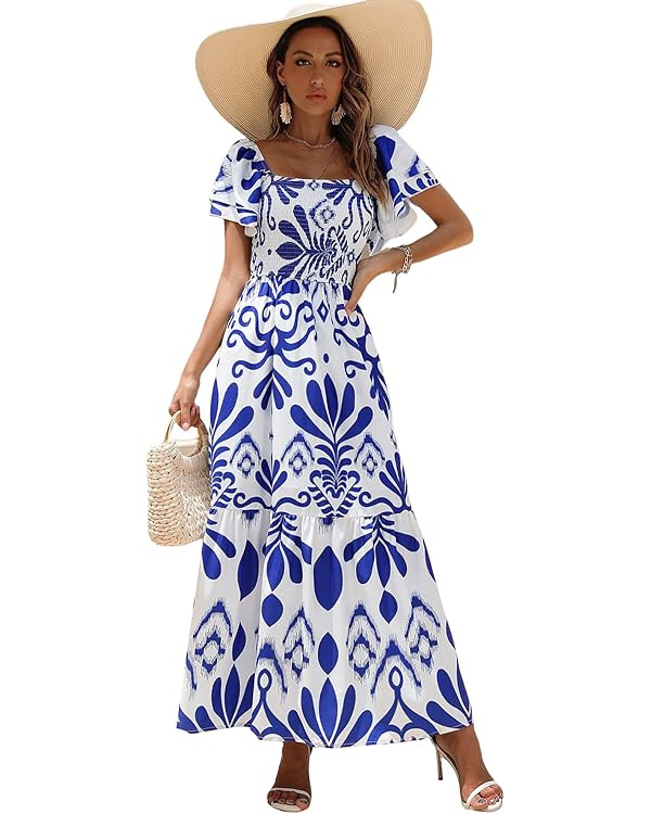 WDIRARA Women's Floral Print Flounce Ruffle Hem Short Sleeve Square Neck Dresses | Amazon (US)