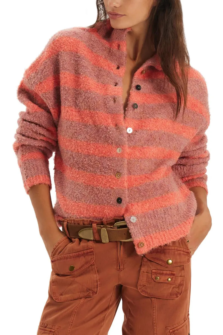 Free People Button Collection Mock Neck Cardigan in Peach Combo at Nordstrom, Size Medium | Nordstrom