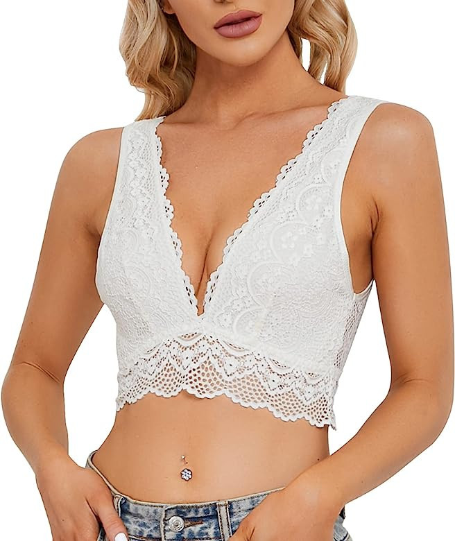 YIANNA Lace Bralette, Women's Deep V Neck Unpadded Lace Long Line Plunge Bralette Bra | Amazon (US)