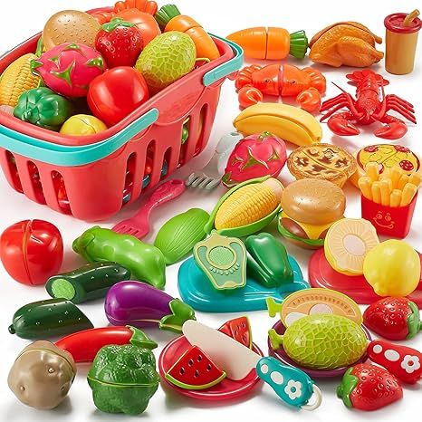 Pretend Play Food Sets for Kids Kitchen 61Pc, Storage Basket Cutting Toy Food, Fake Food for Todd... | Amazon (US)