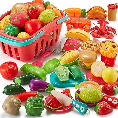 Pretend Play Food Sets for Kids Kitchen 61Pc, Storage Basket Cutting Toy Food, Fake Food for Todd... | Amazon (US)