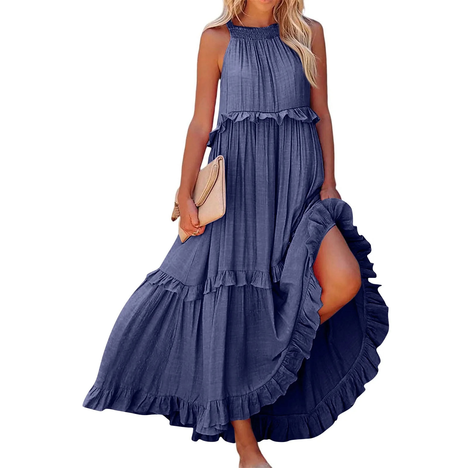 IUZSOKIL Womens Summer Dress Cotton Sleeveless Built in Bra Dress Halter Layered Ruffles Casual B... | Walmart (US)