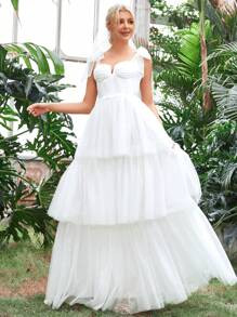 Tie Shoulder Layer Hem Mesh Cami Wedding Dress | SHEIN