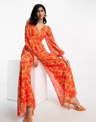 Pretty Lavish wide leg jumpsuit in red and orange floral | ASOS (Global)