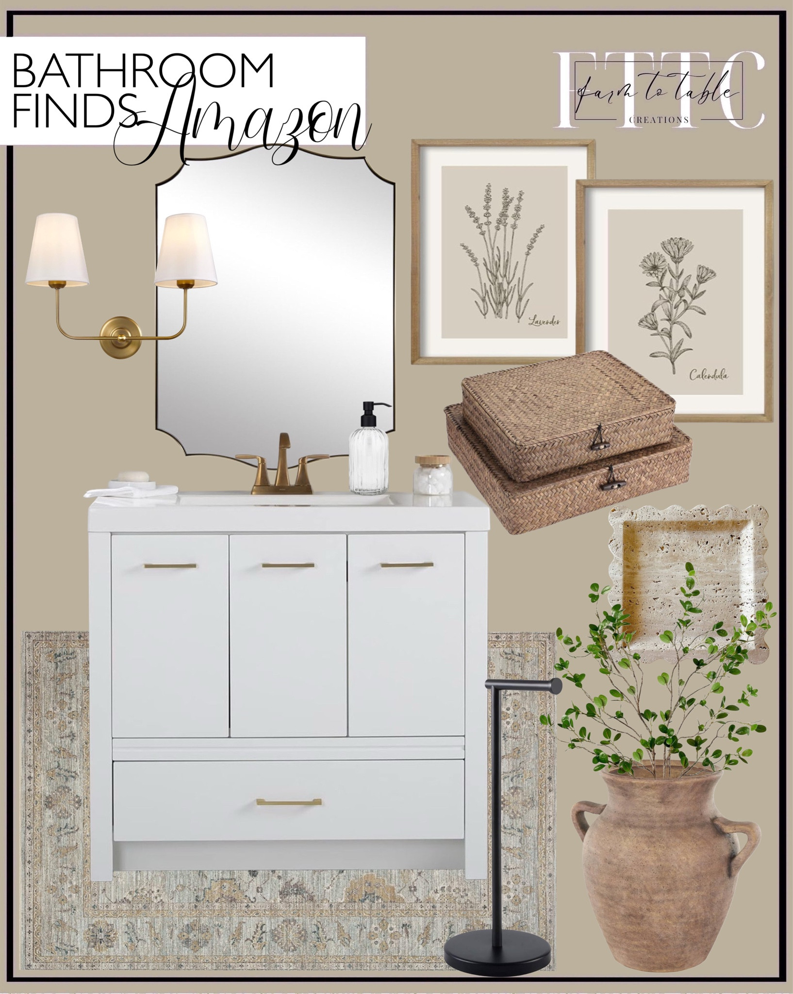 Amazon Bathroom Finds. Follow @farmtotablecreations on Instagram for more inspiration.

Loloi Magnolia Home by Joanna Gaines Millie Collection MIE-02 Sky/Gold Area Rug. Bathroom Vanity. Gold Vanity Mirror. Set of 3 Wildflower Artwork.  Wicker Storage Bins. Bathroom Toilet Paper Holder Stand Modern Tissue Roll Holder. Vintage Natural Marble Tray. Ceramic Vase.  2 Light Modern Armed Wall Sconce with 2pcs Antique Brass Flared White Fabric Shade. Ficus Branches.  Fluted soap dispenser.

Bathroom Finds | Bedroom Finds | Living Room | Bedroom Furniture | nightstands | Home Decor| Fireplace Decor | Spring Refresh |  Bedroom Finds | Neutral Stems | Spring Stems | Bookshelf Decor | Bedroom Space | Cozy Corner | Bathroom | Curated Entryway | Spring  Decor | End of Year Clearance | Trending Decor | Viral Decor | Amazon Holiday | Bedroom corner | Coffee Table Decor | Neutral Decor | Fall Stem Sale | Target Finds | Skinny Bench | Bedroom | Living Room | Breakfast Nook | Amazon Home | Target Sale | Loloi Rugs | Magnolia Home | console table | console table styling | faux stems | entryway space | front porch decor | neutral decor | entryway decor | cozy home | affordable decor |  home decor | home inspiration | console styling | entryway rug | cozy moody home | moody home decor | neutral home | bathroom decor | living room | spring decor | Hearth & Hand | Studio McGee | 2025 Home Trends | trending home 




#LTKHome #LTKFindsUnder50 #LTKSaleAlert