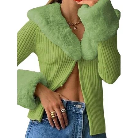 Women s Fluffy Long Sleeve V-Neck Cropped Knit Cardigan Sweater Faux Fur Trim Collar Cuffs Coats | Walmart (US)