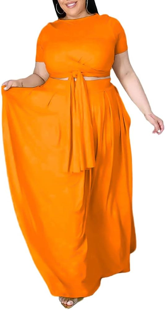 Ophestin Womens Plus Size 2 Piece Dress Outfits Solid Crop Top Maxi Skirts Set | Amazon (US)