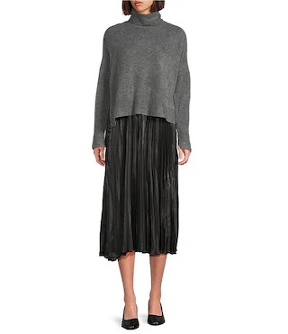 Turtleneck Long Sleeve Twofer Slip Midi Dress | Dillard's