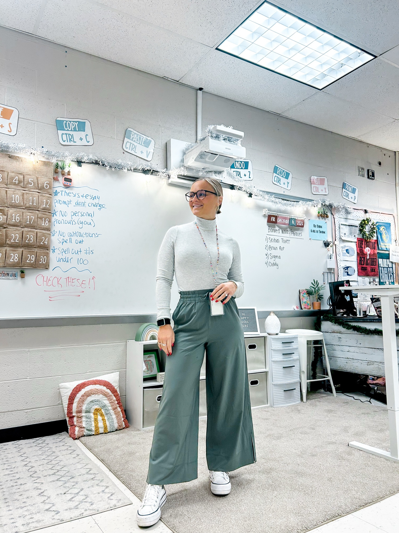 The comfiest pants!! I got a size XS & they fit perfectly. They are SO comfy!! Linked entire outfit. Amazon. Abercrombie and fitch turtleneck gray shirt. Green pants. Converse high top platform sneakers in white. Teacher fit. Outfit of the day. Ootd. Outfit. Teach. Middle school classroom 

#LTKShoeCrush #LTKFindsUnder50 #LTKWorkwear