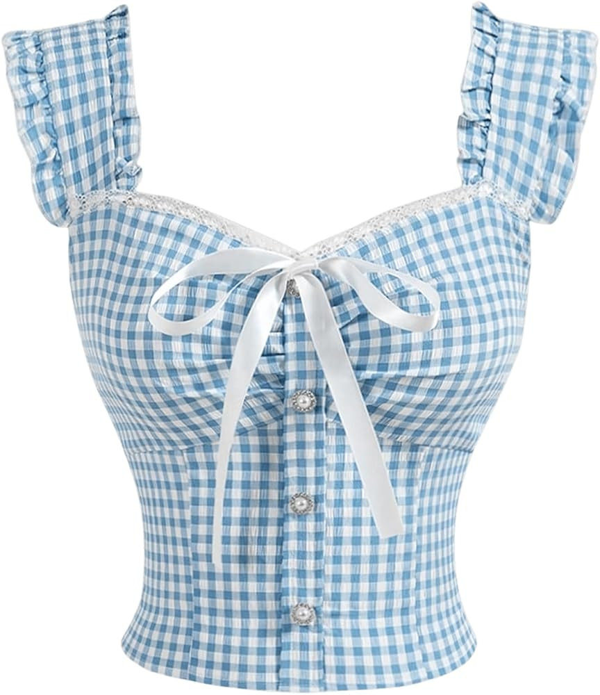 SweatyRocks Women's Bow Plaid Y2K Blouse Button Front Smocked Sleeveless Lace Tops | Amazon (US)