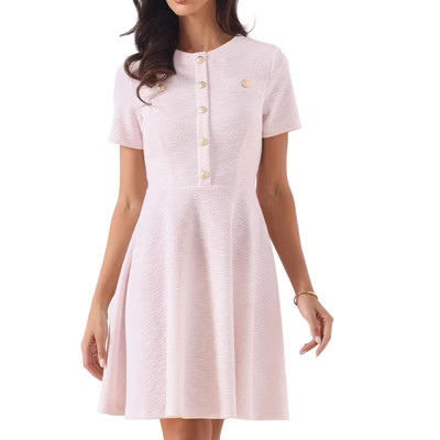 INSPIRE CHIC Women's Plaid Round Neck Short Sleeve A-Line Vintage Mini Tweed Dresses Medium Pink | Target