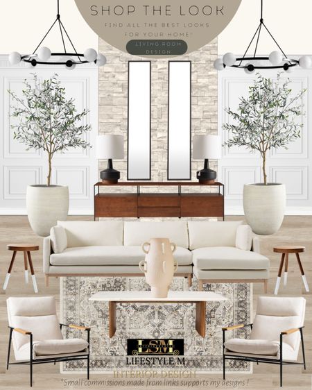 Transitional living room design idea. Wood white top coffee table, wood round end table, upholstered accent chair, white sectional sofa, terracotta vase, traditional rug, wood console table, black table lamp, rectangle mirror, white terracotta tree planter pot, round modern chandelier. Realistic faux fake tree.

#LTKFind #LTKhome #LTKstyletip