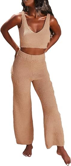 Womens Sexy Fuzzy Pajamas 2 Piece Outfit Set Warm Fleece Strap Crop Top + Wide Leg Pants Loungewe... | Amazon (US)