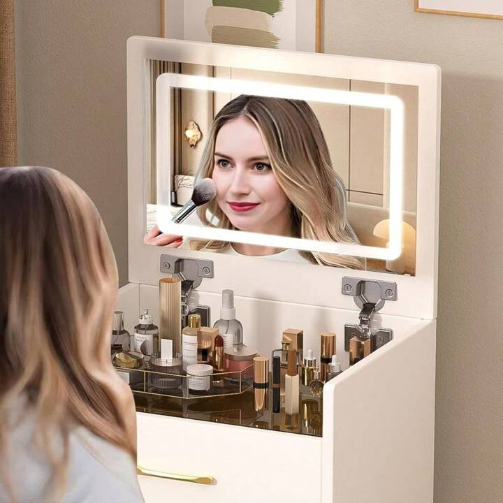 3 In 1 Vanity Desk With Plip Top Mirror And Lights,Compact Vanity Set With Visible Glass Desktop,... | SHEIN