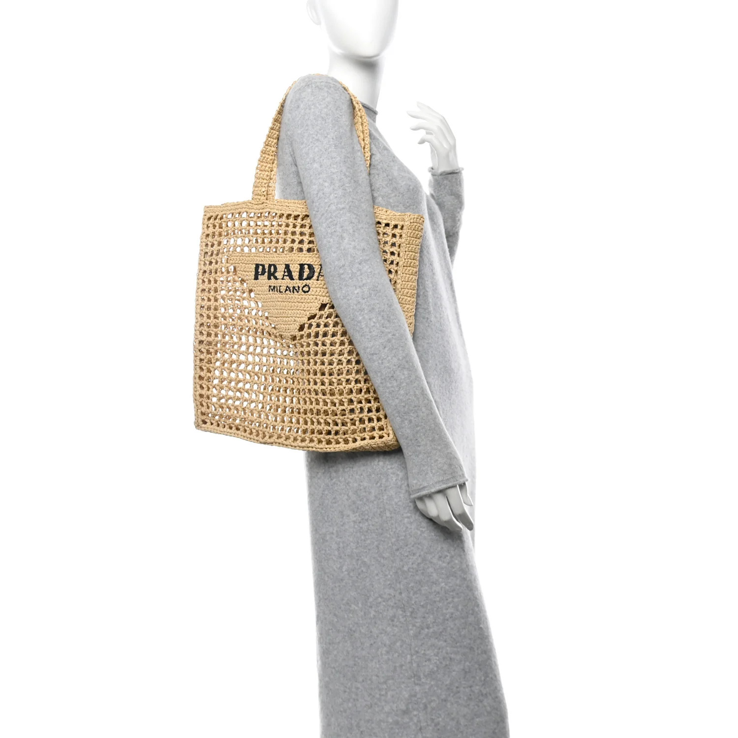 Yarn Raffia Effect Crochet Logo Embroidered Tote Bag Naturale | FASHIONPHILE (US)