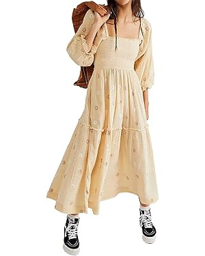 Women Floral Embroidered Maxi Dress Long Puff Sleeve Square Neck Bohemian Flowy Dress with Pocket... | Amazon (US)