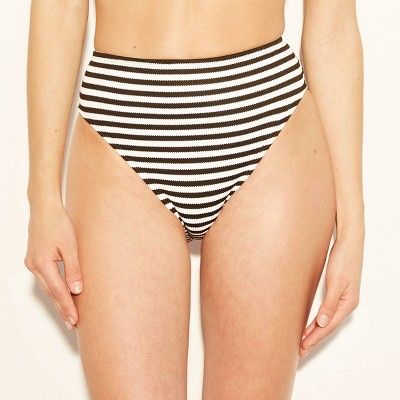 Women's Textured Stripe High Leg High Waist Bikini Bottom - Shade & Shore™ Black/White Stripe | Target