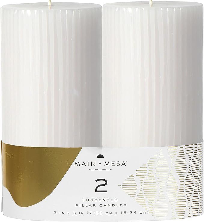 Main + Mesa Unscented Ribbed Pillar Candles, Set of 2, 3"x6", Light Graphite | Amazon (US)