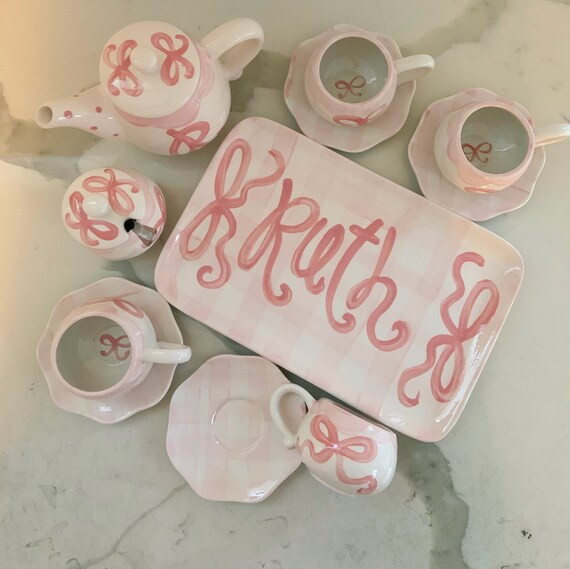 little girls personalized gingham tea set with tray  // preppy pink gingham and bows design // tb... | Etsy (US)