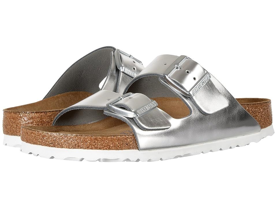 Birkenstock Arizona Soft Footbed (Metallic Silver Leather) Women's  Shoes | Zappos