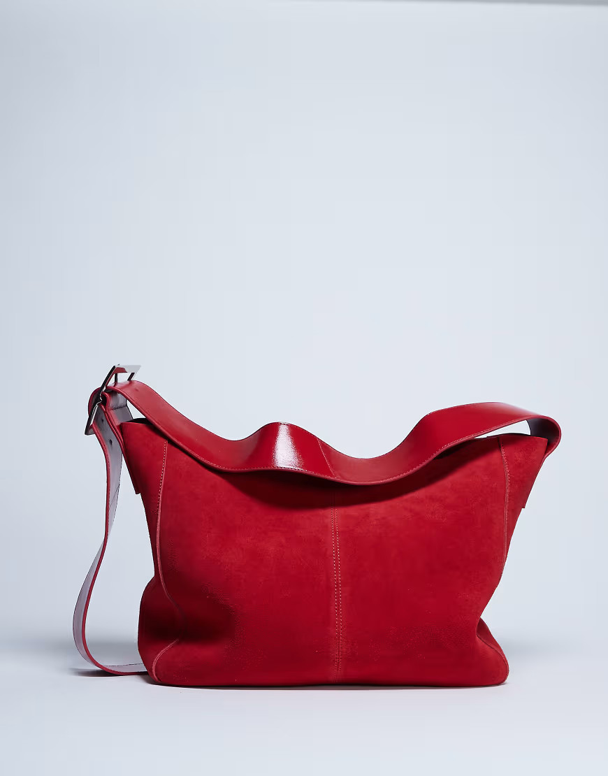 Topshop Sade premium real suede leather bucket shoulder bag in red | ASOS (Global)