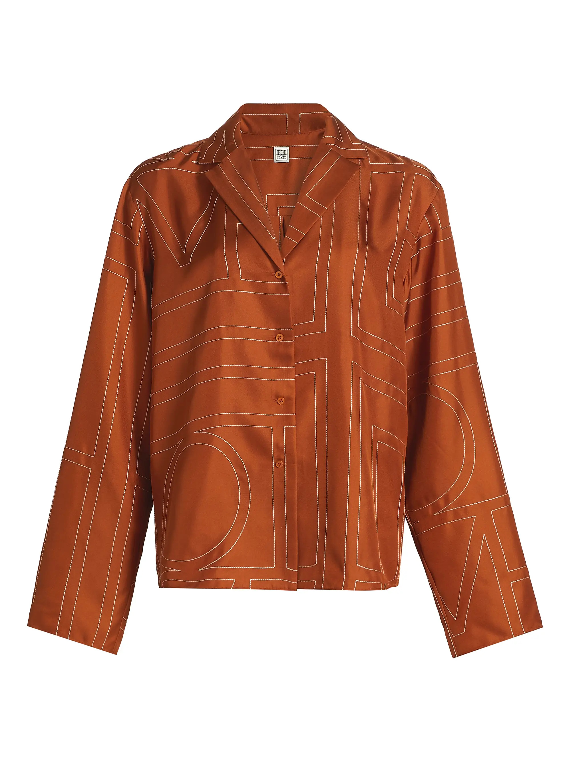 Toteme Monogram Silk Pajama-Inspired Button-Front Shirt | Saks Fifth Avenue | Saks Fifth Avenue