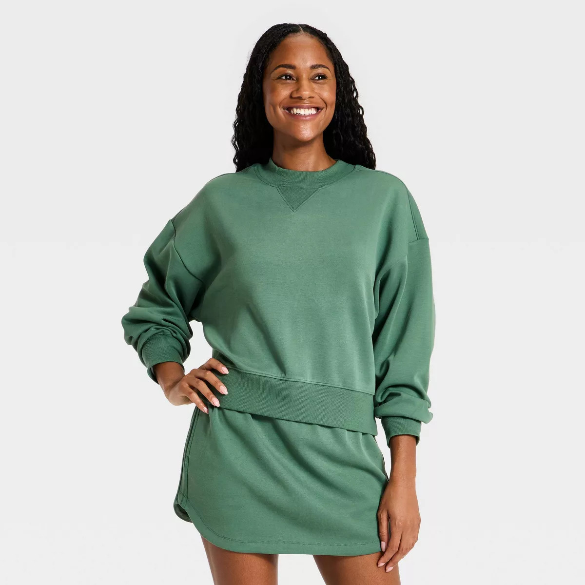 Women's Airy Sleek Pique Crewneck Sweatshirt - All In Motion™ Dark Green XL | Target