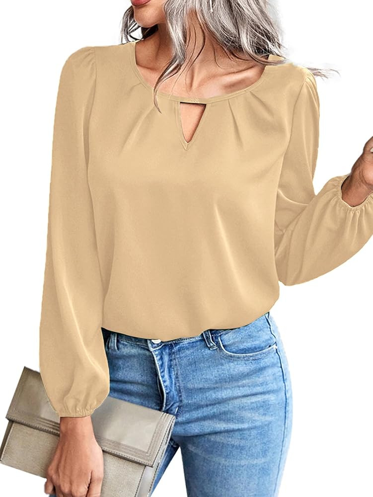 LYANER Women's V Neck Pleated Solid Puff Long Sleeve Blouse Office Shirt Top | Amazon (US)