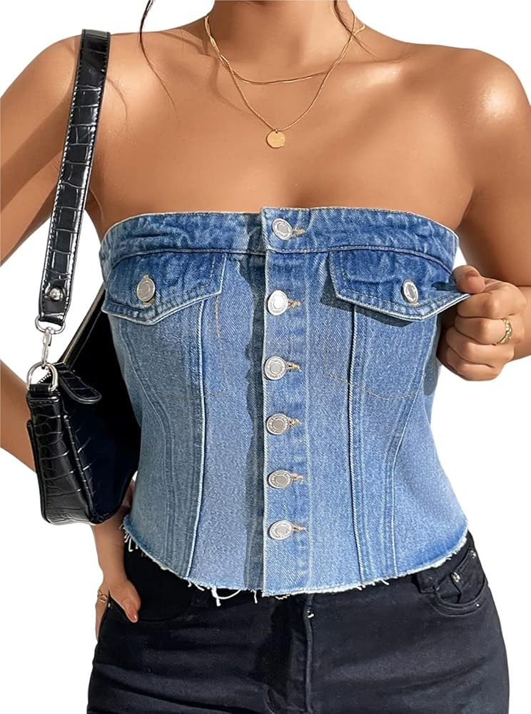SOLY HUX Women's Button Down Raw Hem Denim Tube Tops Strapless Sleeveless Sexy Bandeau Crop Tops | Amazon (US)