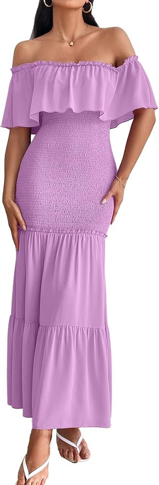 PRETTYGARDEN Women's Sexy Summer Maxi Pencil Dress Off Shoulder Ruffle Smocked Mermaid Bodycon Pa... | Amazon (US)