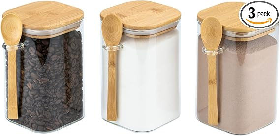 Set of 3 Square Glass Food Storage Containers With Bamboo Lids & Spoons – Decorative Airtight 4... | Amazon (US)