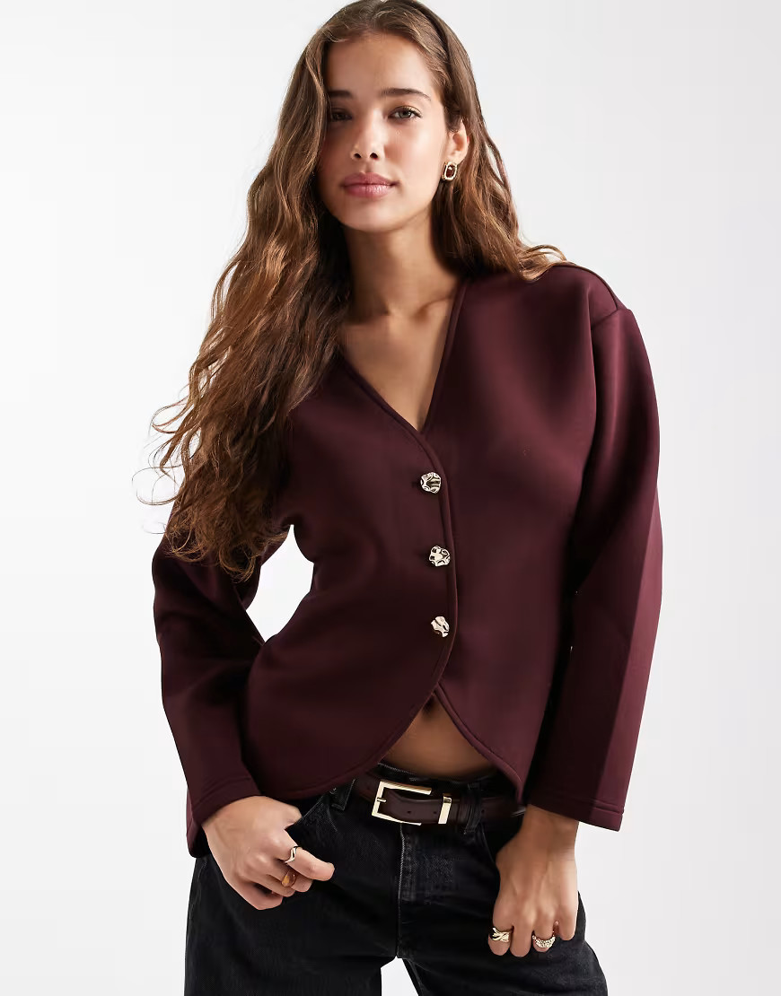 ONLY structured cardigan in dark burgundy in scuba-style fabric | ASOS (Global)