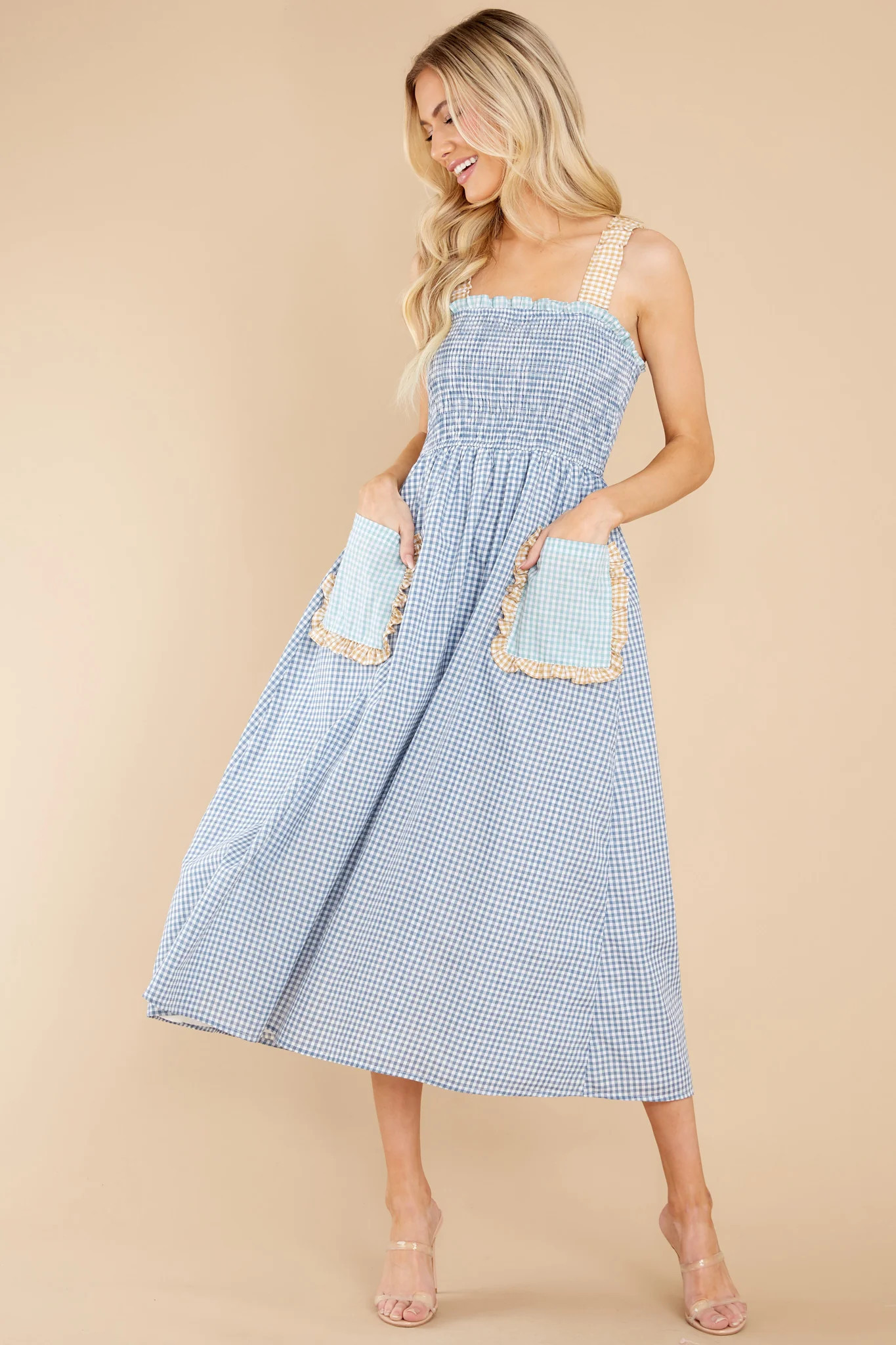 Dancing In The Rain Blue Gingham Midi Dress | Red Dress 