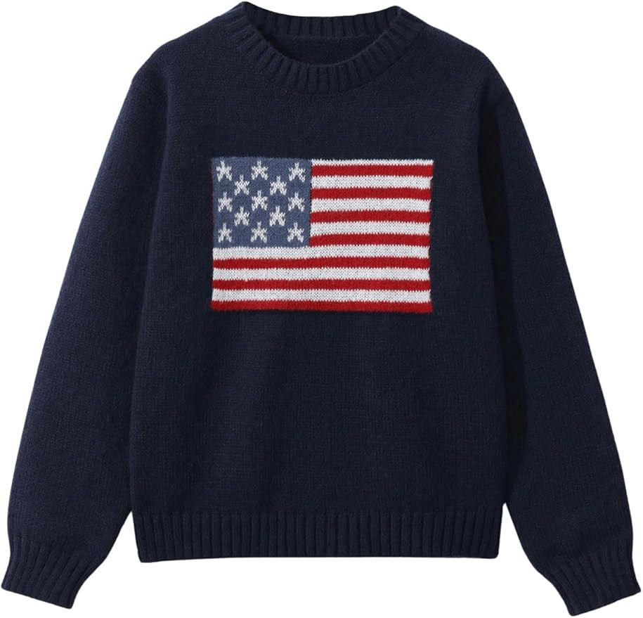 Verdusa Girl's American Flag Print Pullover Sweaters Round Neck Long Sleeve Knit Top | Amazon (US)