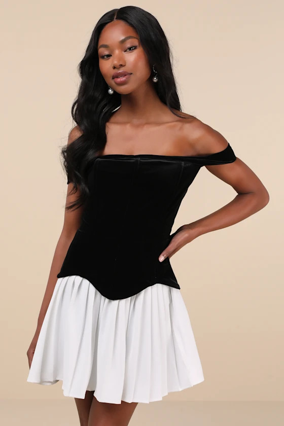 Savannah Black and White Off-the-Shoulder Mini Dress | Lulus