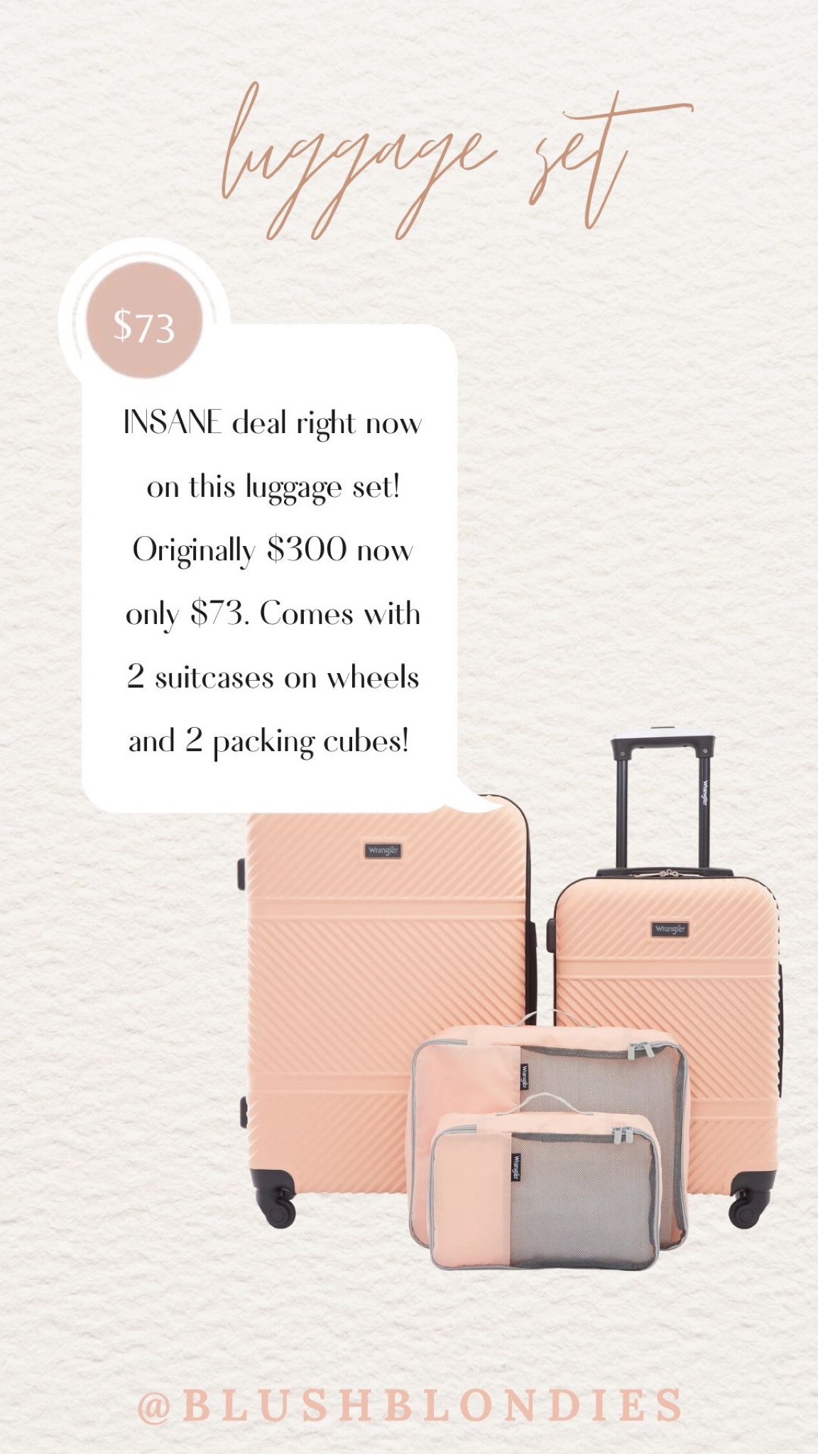 Incredible deal on this luggage set! There are so many pretty colors to choose from, I am loving this blush color of course. Originally $300, on sale for only $73. Comes with two suitcases on wheels and two packable organizers

#LTKCyberweek #LTKHoliday #LTKGiftGuide