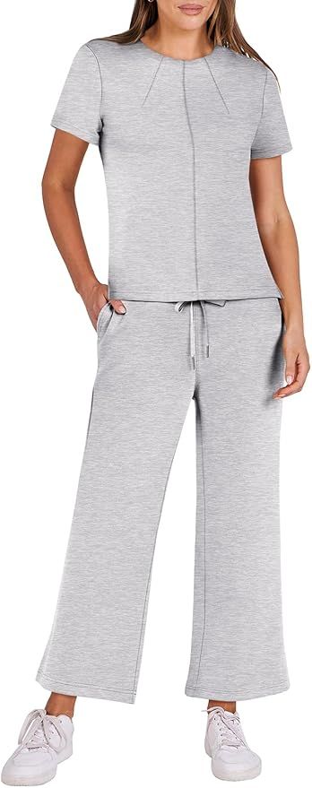 ANRABESS Women's 2 piece Outfits Lounge Sets Summer Casual Short Sleeve Sweatsuits Wide Leg Pants... | Amazon (US)