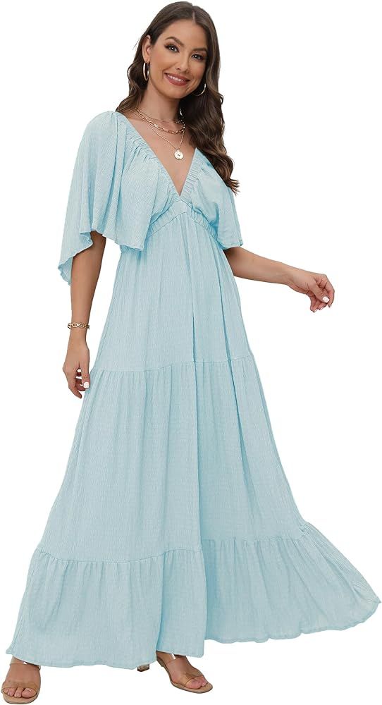 Women's Summer V-Neck, Tiered Silhouette with Flutter Sleeves Maxi Dress for Casual | Amazon (US)