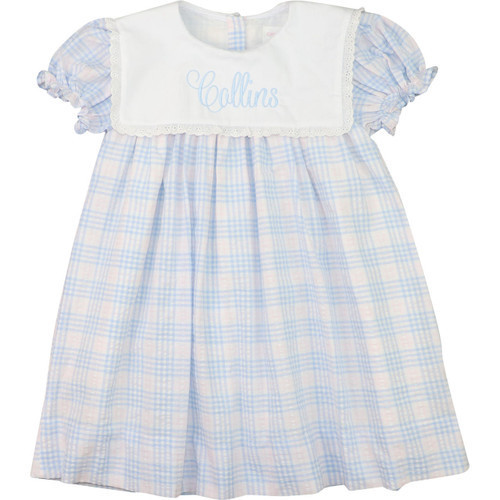 Pink And Blue Plaid Square Collar Seersucker Dress | Cecil and Lou
