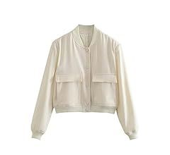 Womens Cropped Bomber Jacket Button Down Varsity Jackets Shackets With Pockets | Amazon (US)