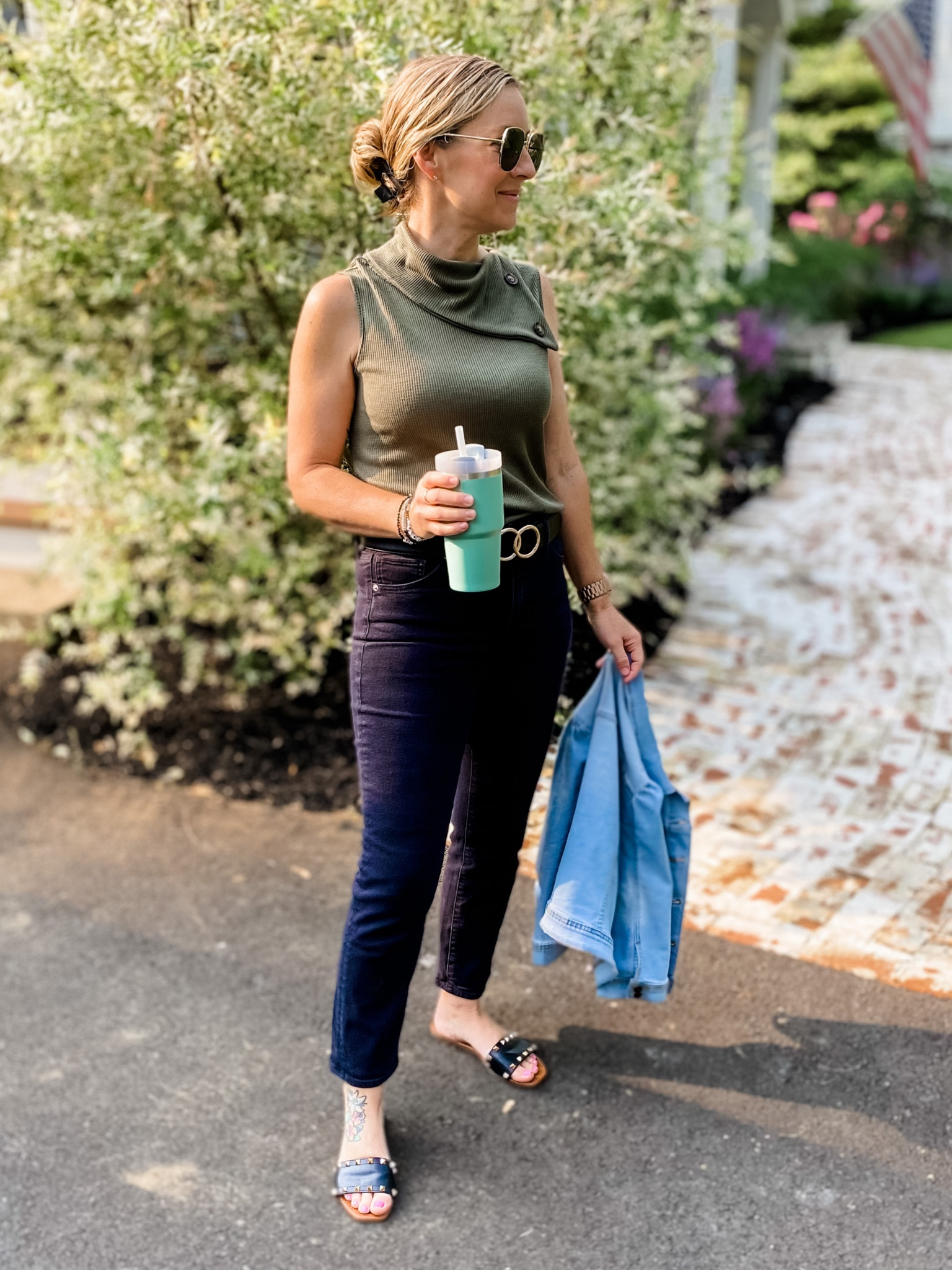 Casual chic workwear for teachers. Waffle knit, black denim, slide sandals and a denim jacket. Everything is tts. These are my beloved black jeans from express that I wear in almost every photo! 

#LTKstyletip #LTKunder50 #LTKFind
