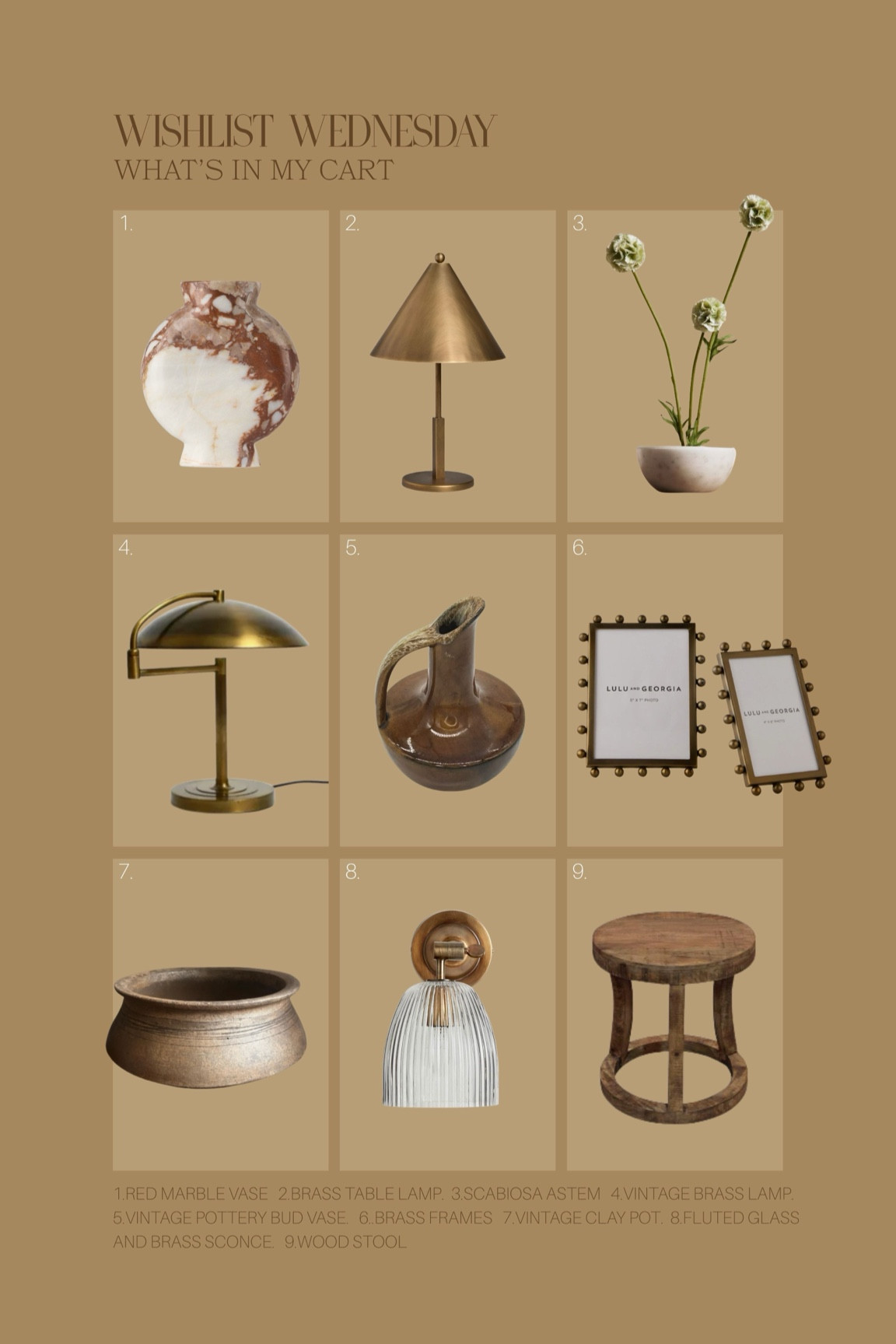 what I’m loving / in my cart! 

marble vase, brass lamp, faux stems, vintage decor, sconce, picture frames, wood stool

#LTKHome