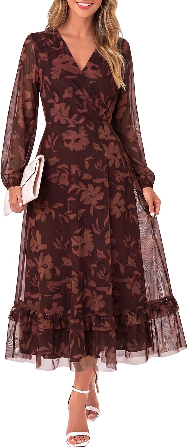 MSBASIC Women's Fall Floral Tulle Elegant A Line Puff Long Sleeve Dress | Amazon (US)