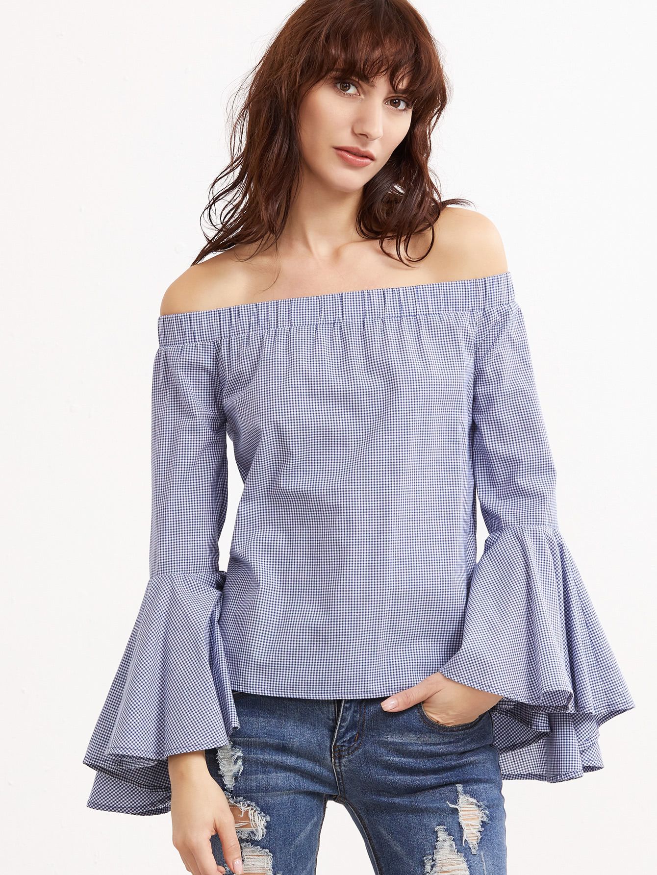 Blue Gingham Oversized Bell Sleeve Off The Shoulder Top | SHEIN