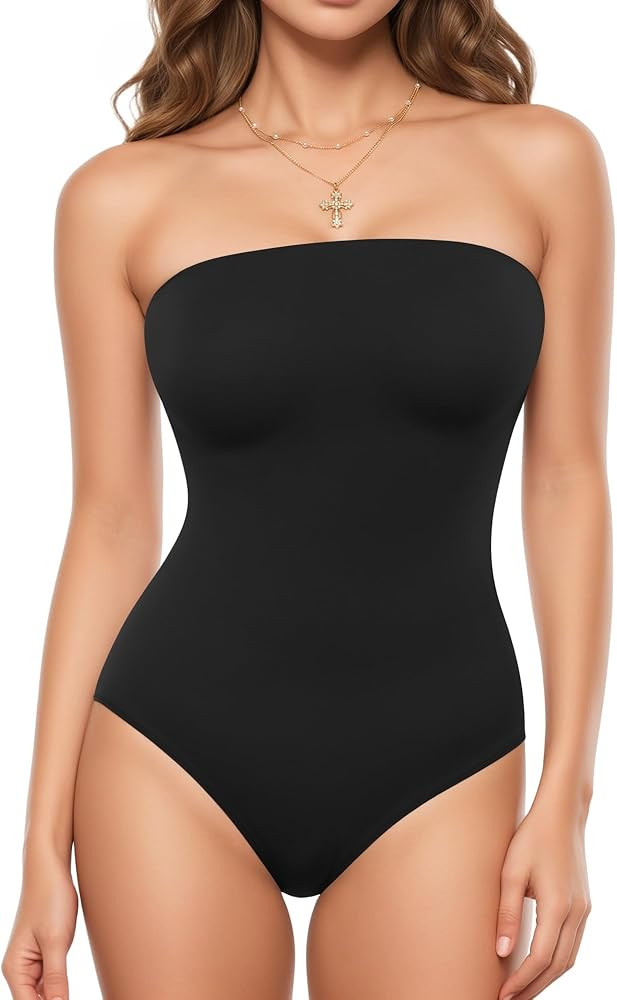 Amazon.com: MANGOPOP Women\u2018s Strapless Thong Bodysuit Sexy Tube Top Off The Shoulder Double ... | Amazon (US)