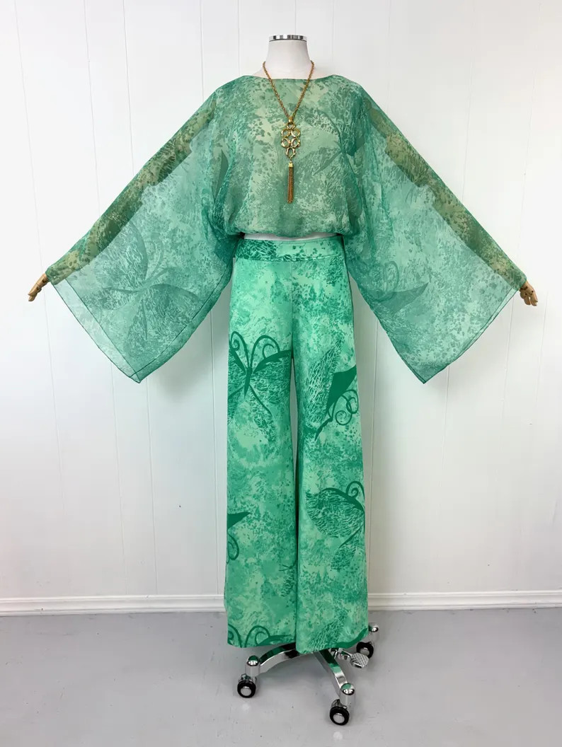 1970s Green Butterfly Chiffon Lillie Rubin Gilberts for Tally New York Bell Bottom Palazzo Pants ... | Etsy (Global)