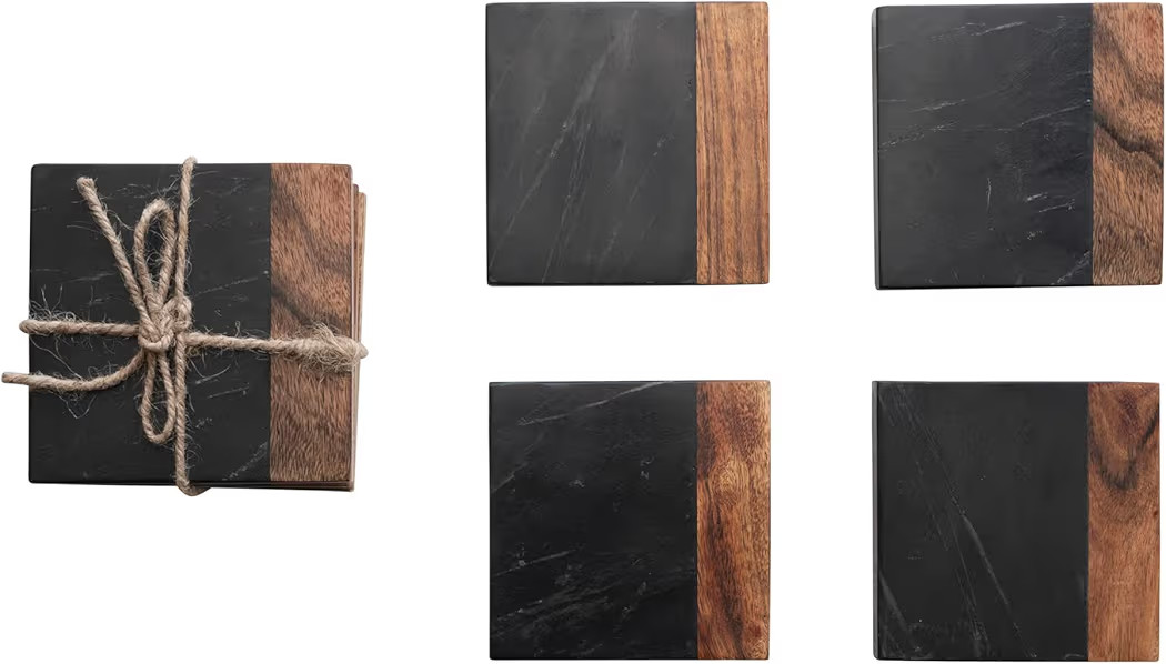 Creative Co-Op Marble and Acacia Wood 2-Tone Coasters, Black and Natural, Set of 4 | Amazon (US)