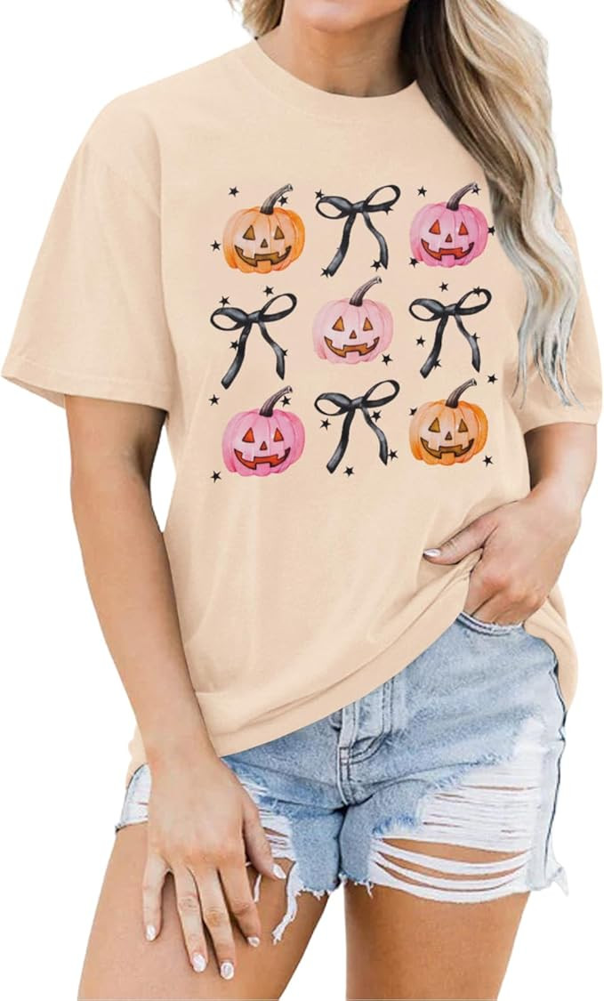Halloween Pumpkin Shirt Women Coquette Bow Graphic Tshirt Spooky Season Outfit Short Sleeve Tee T... | Amazon (US)